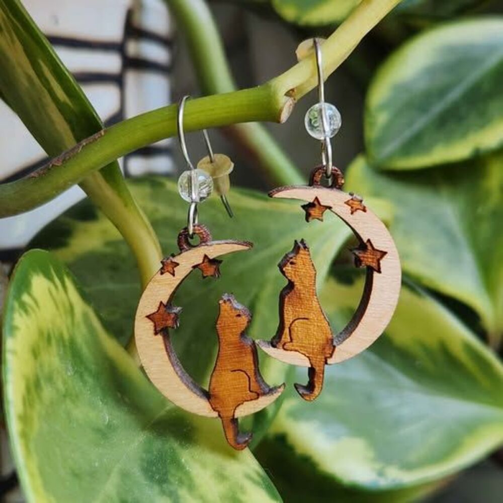 Wooden Celestial Kitty Moon & Stars Dangle Cat Earrings Whimsygoth Mystical